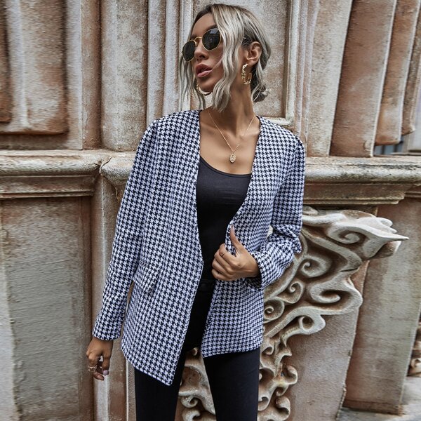 

Houndstooth Open Front Coat, Black and white