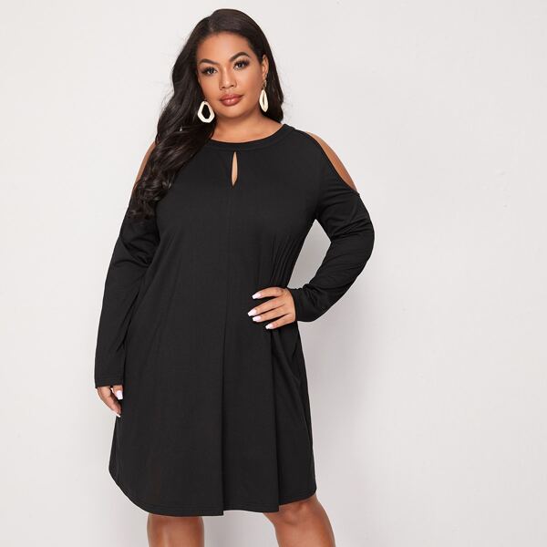

Plus Solid Cold Shoulder Peekaboo Dress, Black