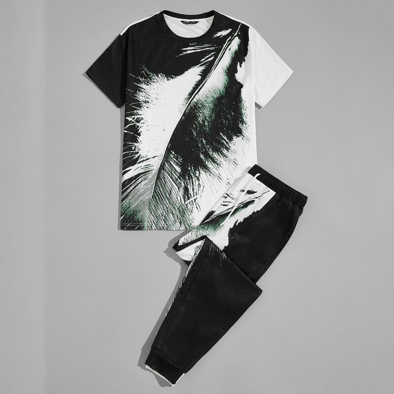 

Guys Feather Print Top & Drawstring Waist Sweatpants Set, Black and white
