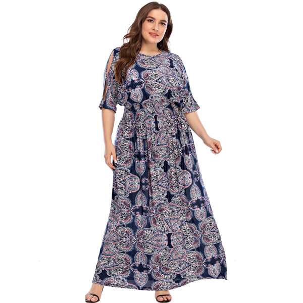 

Plus Graphic Print Split Sleeve Shirred Waist Maxi Dress, Multicolor