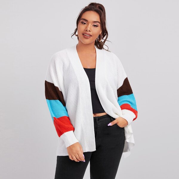

Plus Colorblock Sleeve Ribbed Knit Cardigan, White