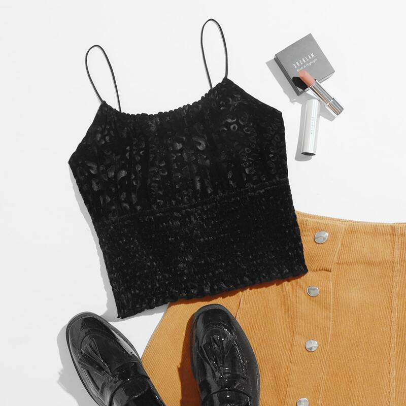 

Shirred Velvet Crop Cami, Black