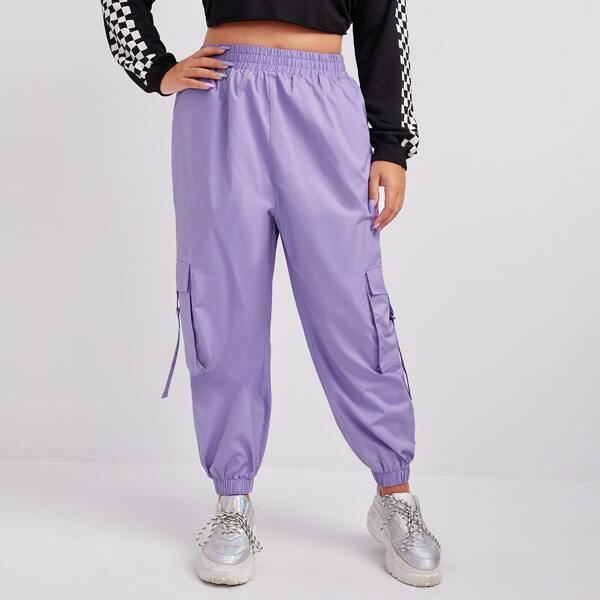 

Plus Elastic Waist Flap Pocket Pants, Lilac purple