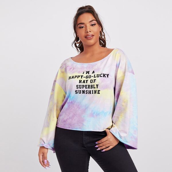 

Plus Drop Shoulder Bell Sleeve Slogan Graphic Tie Dye Top, Multicolor