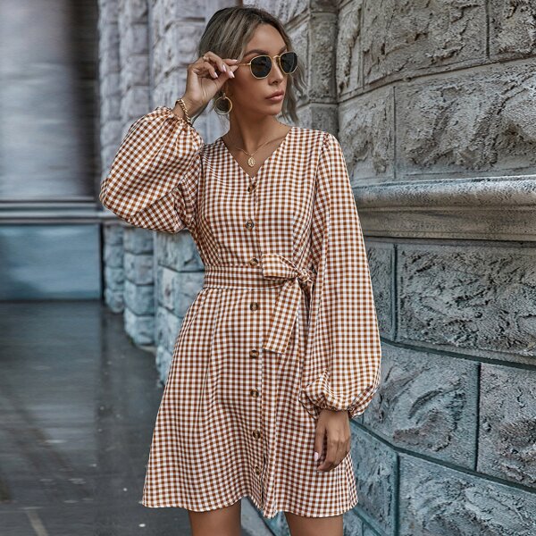 

Button Up Gingham Belted Dress, Multicolor