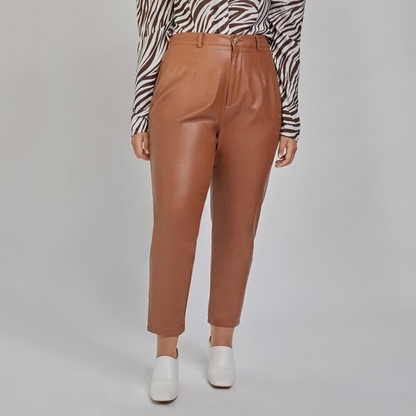 

Plus Solid PU Leather Pants, Rust brown