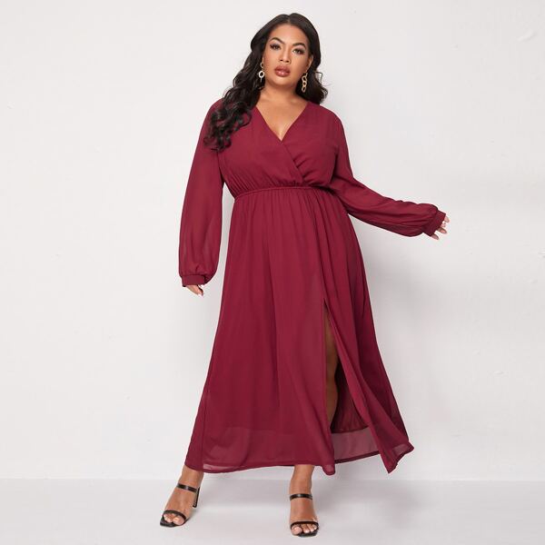 

Plus Solid Surplice Front Split Thigh Dress, Rose red