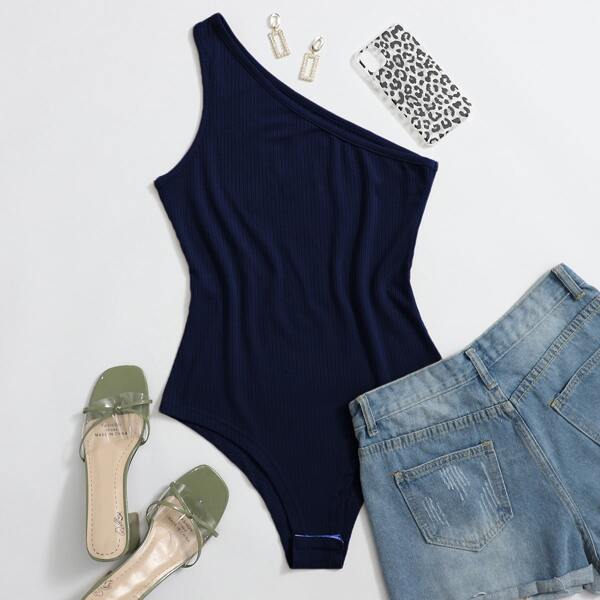 

Solid One Shoulder Ribbed Bodysuit, Navy blue