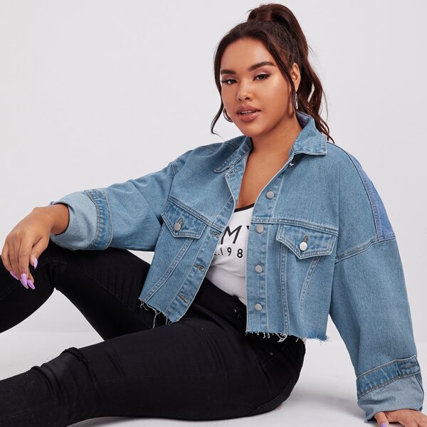 

Plus Raw Hem Button Front Denim Jacket, Medium wash