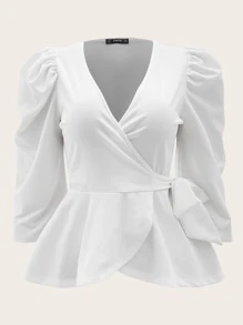 SHEIN Clasi Plus Puff Sleeve Wrap Belted Peplum Top - White - View 1