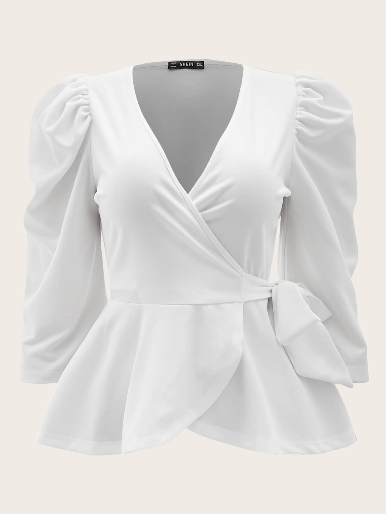 SHEIN Clasi Plus Puff Sleeve Wrap Belted Peplum Top - White - View 1