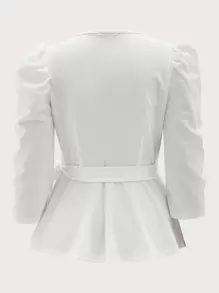 SHEIN Clasi Plus Puff Sleeve Wrap Belted Peplum Top - White - View 2