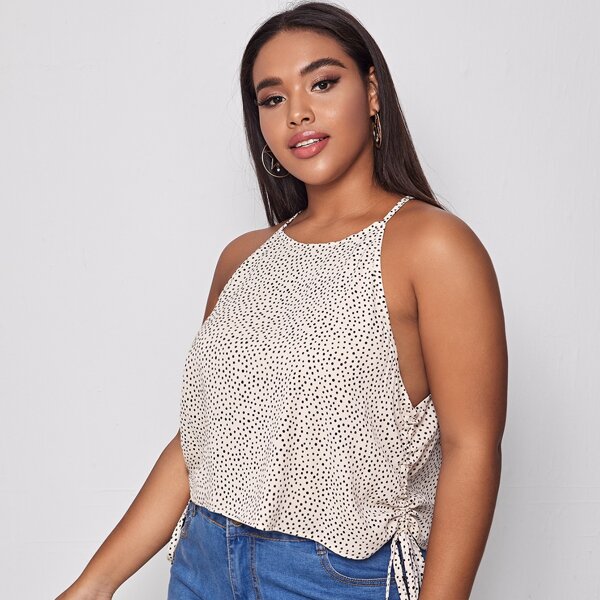 

Plus Polka Dot Drawstring Ruched Side Halter Top, Beige