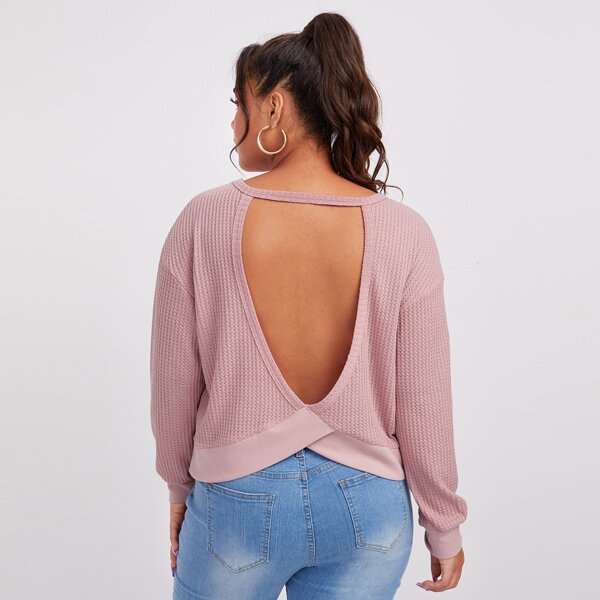 

Plus Backless Waffle Knit Sweatshirt, Dusty pink