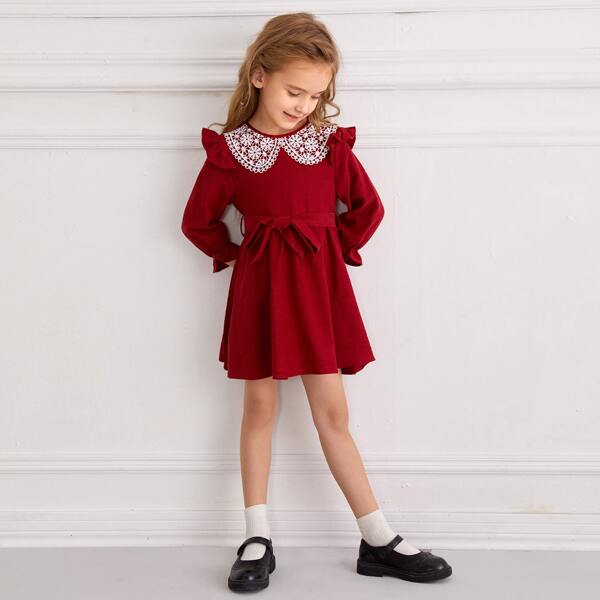 

Toddler Girls Contrast Lace Ruffle Trim Belted Dress, Burgundy