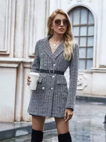 Belted Tweed Double-Breasted Blazer - Black and White - View 1