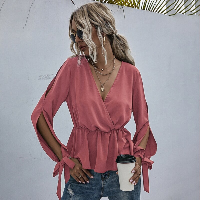 

Split Sleeve Tie Cuff Peplum Blouse, Rose red