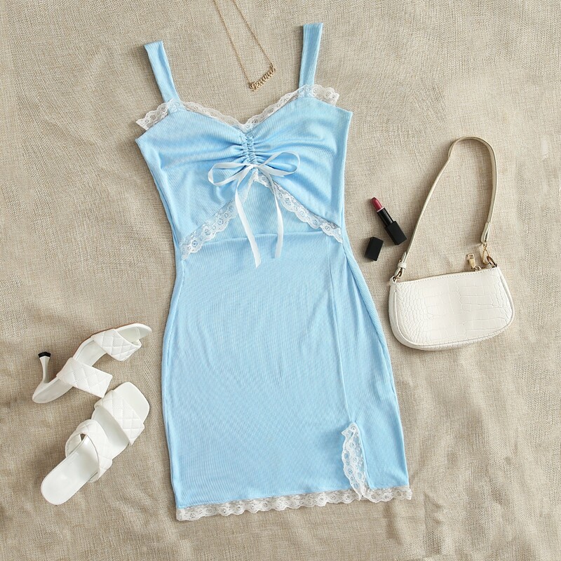 

Lace Trim Peekaboo Tie Front Cami Dress, Baby blue