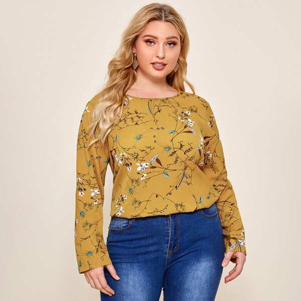 

Plus Keyhole Back Floral Print Top, Mustard yellow