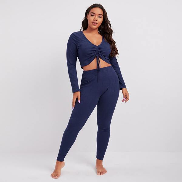 

Plus Drawstring Ruched Front Rib-knit Top & Pants PJ Set, Navy blue