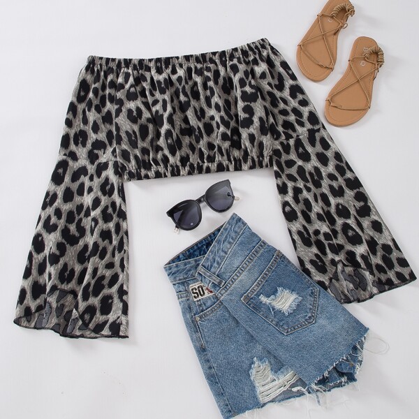

Flounce Sleeve Leopard Bardot Crop Blouse, Multicolor