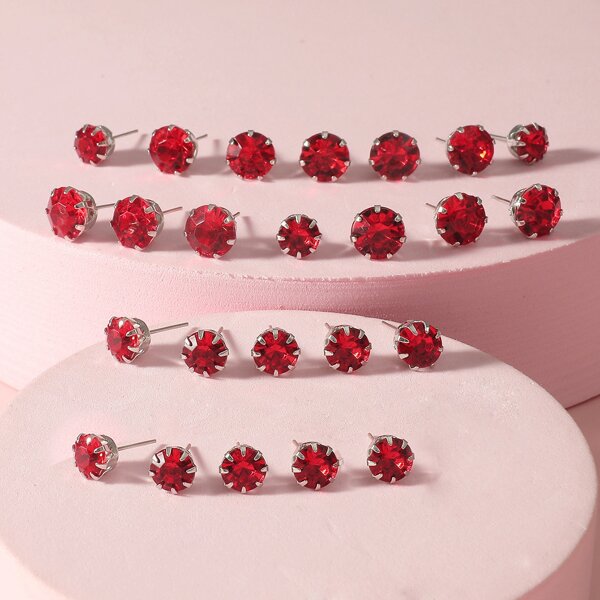 

12pairs Girls Rhinestone Decor Stud Earrings, Red
