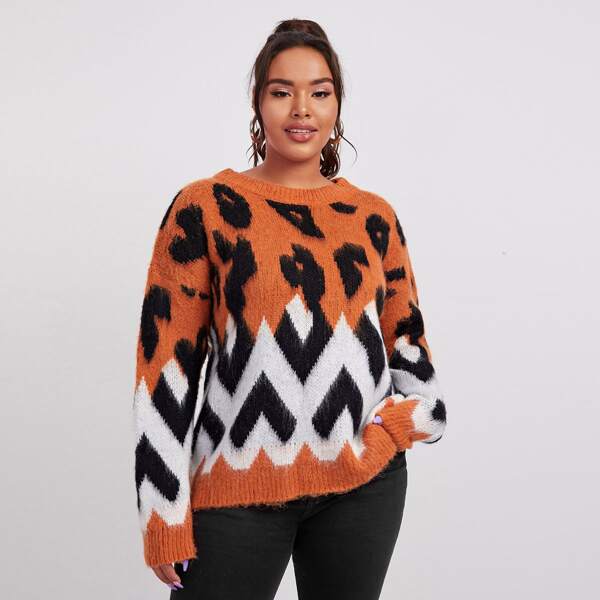 

Plus Drop Shoulder Colorblock Leopard Fuzzy Sweater, Multicolor