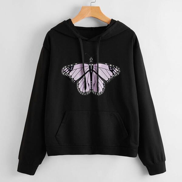 

Butterfly Print Kangaroo Pocket Hoodie, Black