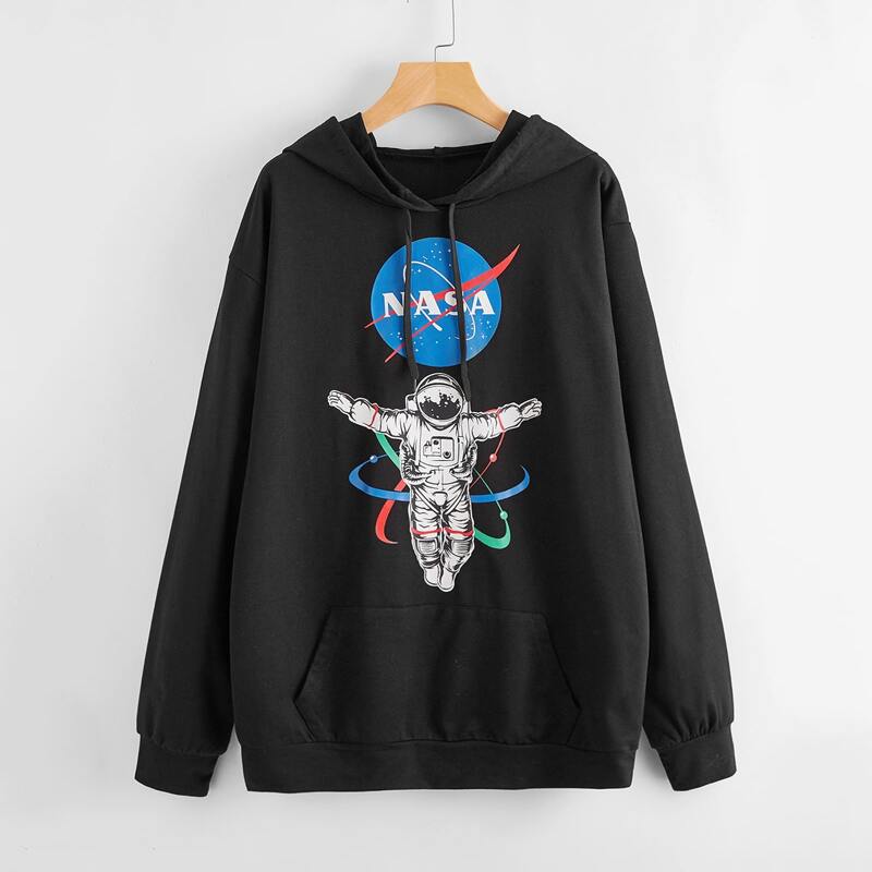 

Astronaut And Letter Graphic Drawstring Hoodie, Black