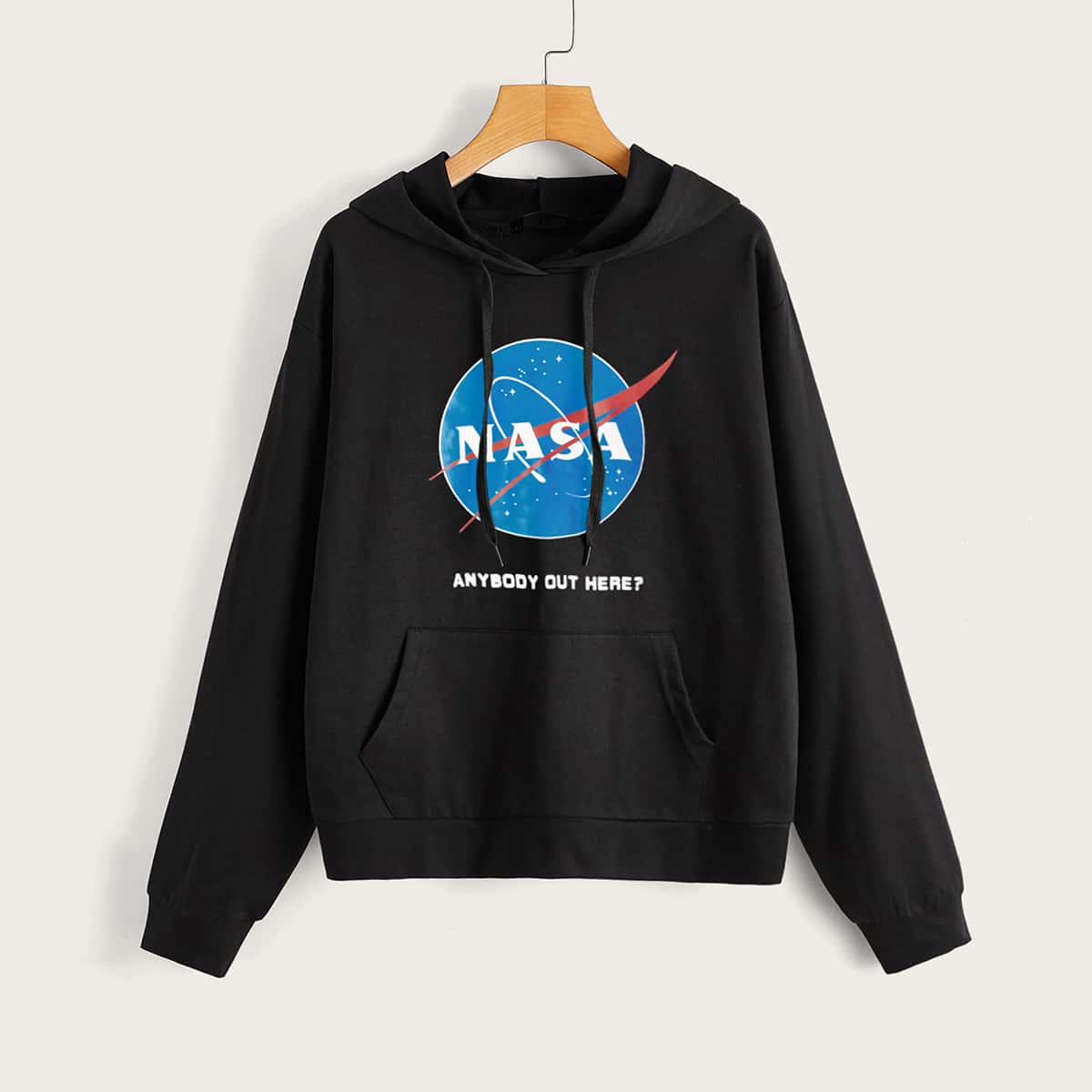 

Slogan Graphic Kangaroo Pocket Hoodie, Black