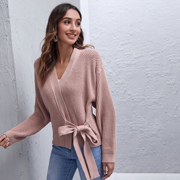 

Wrap Tie Side Drop Shoulder Cardigan, Dusty pink