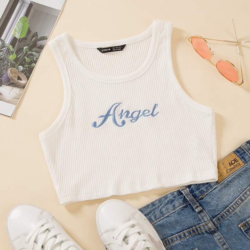 

Letter Embroidery Rib-knit Crop Sweater Vest, White