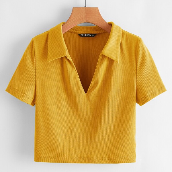 

Collared Rib-knit Crop Top, Mustard yellow