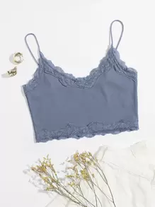 SHEIN MOD 蕾絲邊短版吊帶上衣 - 淺藍色 - 查看 1