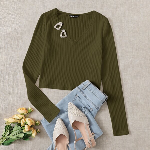 

Lace Trim Rib-knit Top, Army green