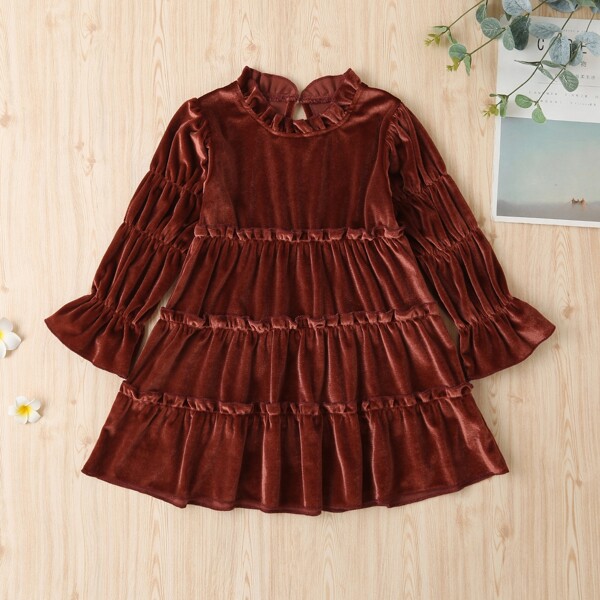 

Toddler Girls Frill Trim Velvet Babydoll Dress, Rust brown