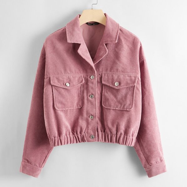 

Lapel Neck Pocket Front Corduroy Jacket, Dusty pink