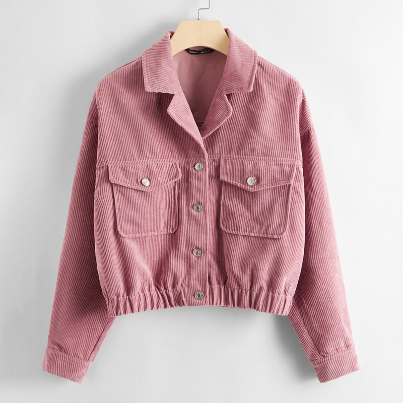 

Lapel Neck Pocket Front Corduroy Jacket, Dusty pink