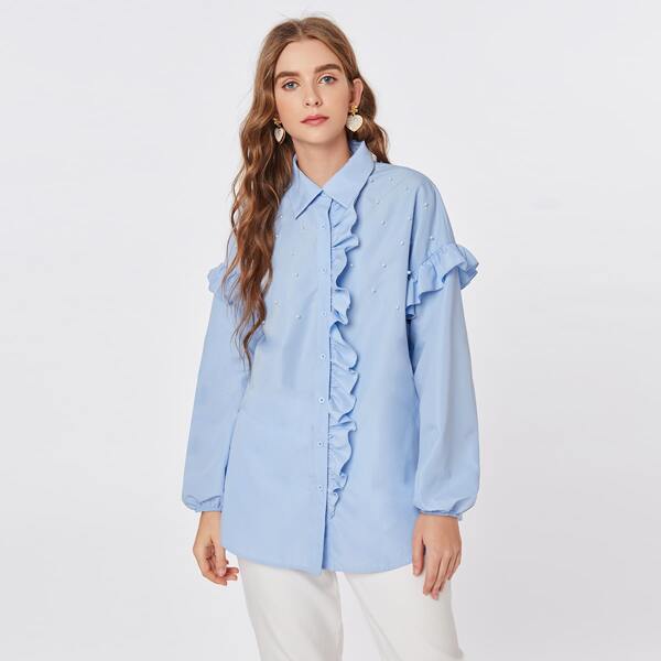 

Pearl Beaded Ruffle Trim Lantern Sleeve Blouse, Pastel baby blue