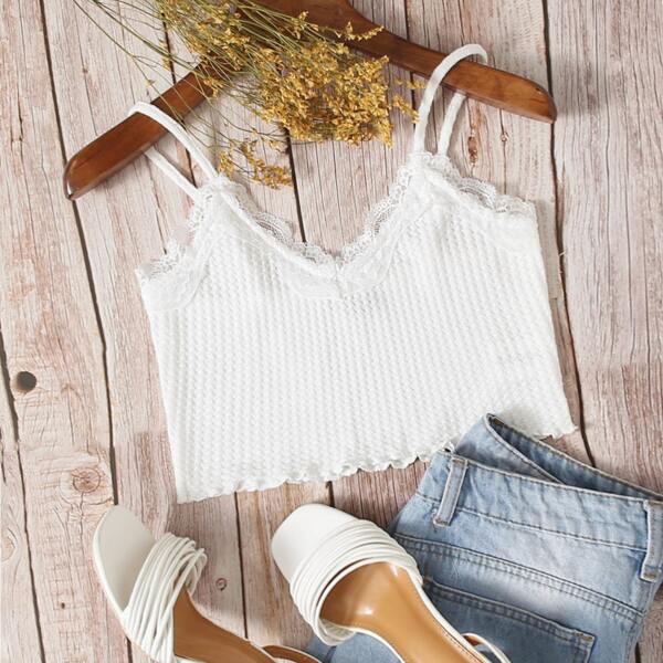 

Eyelash Lace Trim Waffle Knit Crop Cami Top, White