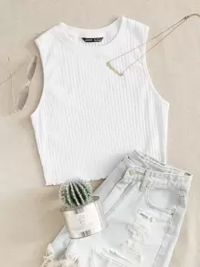 SHEIN EZwear 羅紋針織背心上衣 - 白色 - 查看 1