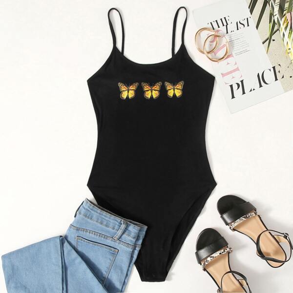 

Butterfly Print Cami Bodysuit, Black
