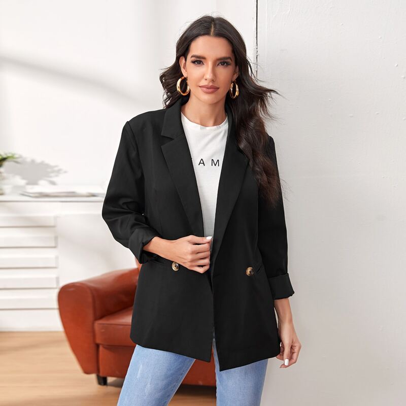 

Notched Collar Double Button Blazer, Black