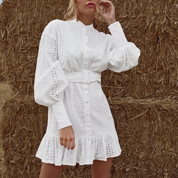 

Lantern Sleeve Buckle Belted Ruffle Hem Schiffy Dress, White