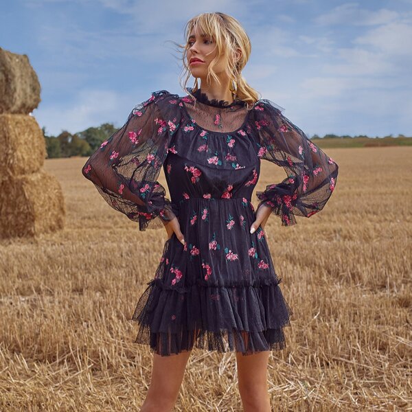 

Ruffle Trim Keyhole Back Floral Embroidered Mesh Dress, Black