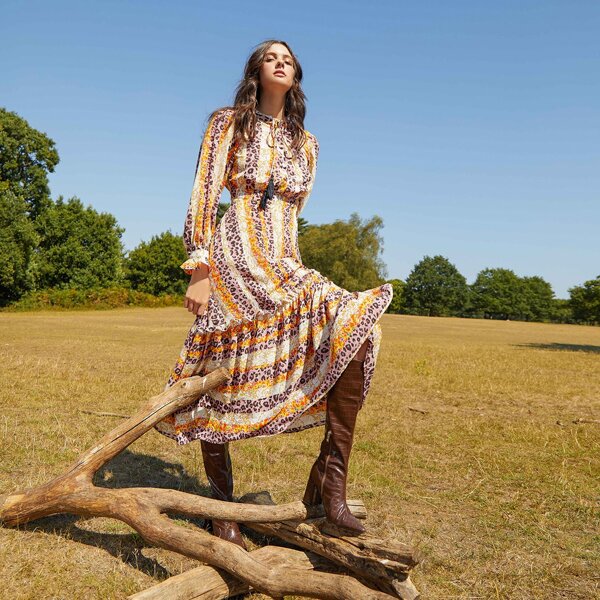 

Tassel Tie Neck Flounce Sleeve Mixed Print Dress, Multicolor