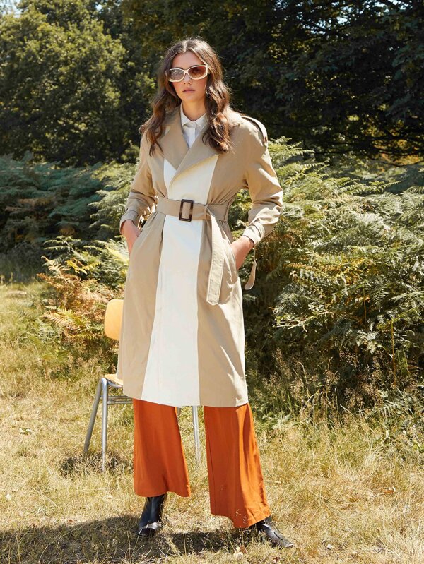 Notched Collar Buckle Belted Colorblock Trench Coat Shein Asia Notched Collar Buckle Belted Colorblock, Trench Coat Buckle Collar