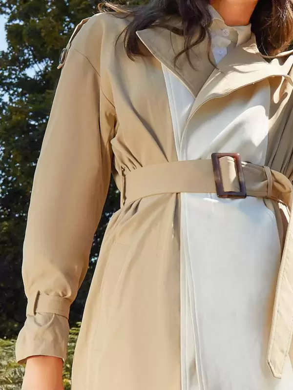 Notched Collar Buckle Belted Colorblock Trench Coat Shein Asia Notched Collar Buckle Belted Colorblock, Trench Coat Buckle Collar