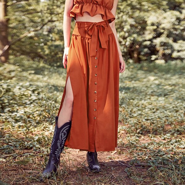 

Button Front Split Thigh Belted Skirt, Burnt orange