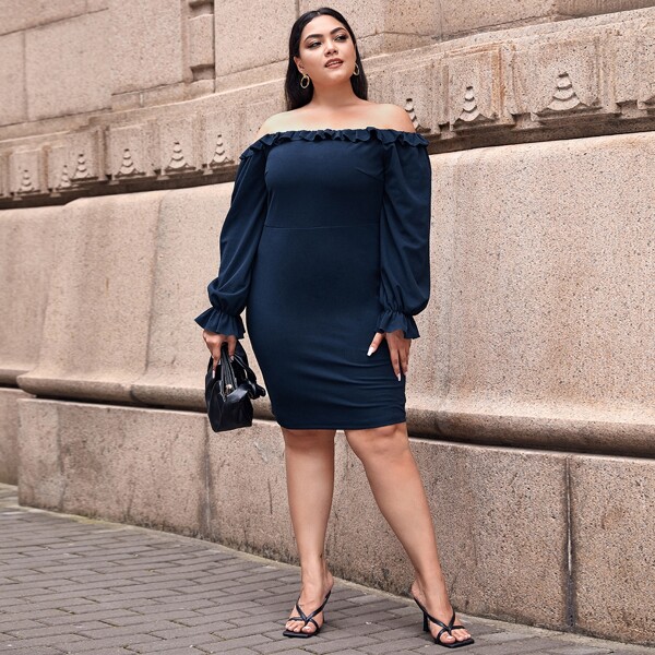 

Plus Flounce Sleeve Off Shoulder Dress, Navy blue